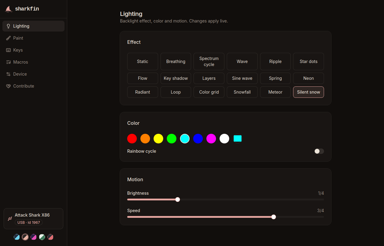 sharkfin's lighting page in the Olivia colorway: a drawn keyboard layout with per-key RGB, effect and speed controls, and the profile switcher.